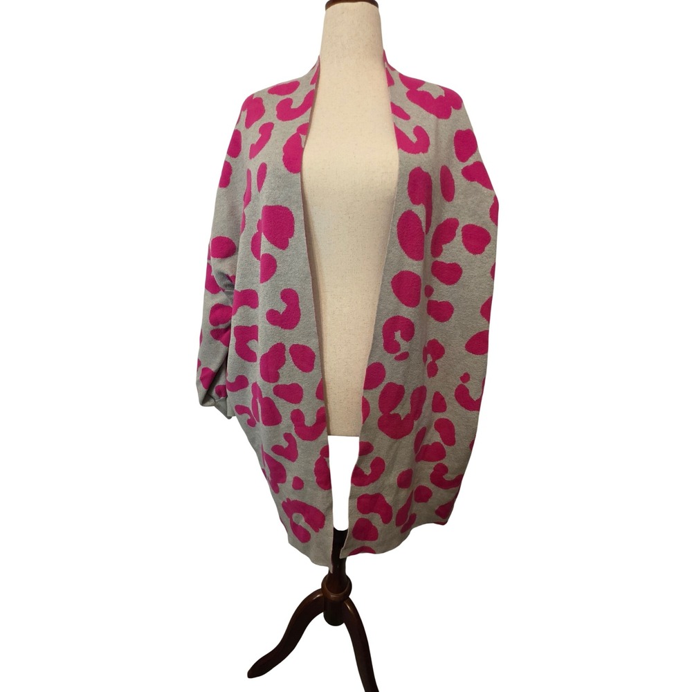 Crown & Ivy Pink Leopard Print Open Front Cocoon Cardigan Sweater Grey 3X